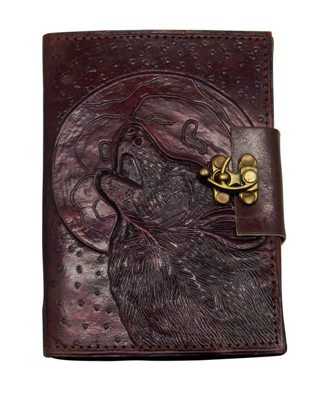 Wolf/Moon Leather Embossed Journal 5 x 7 with metal lock